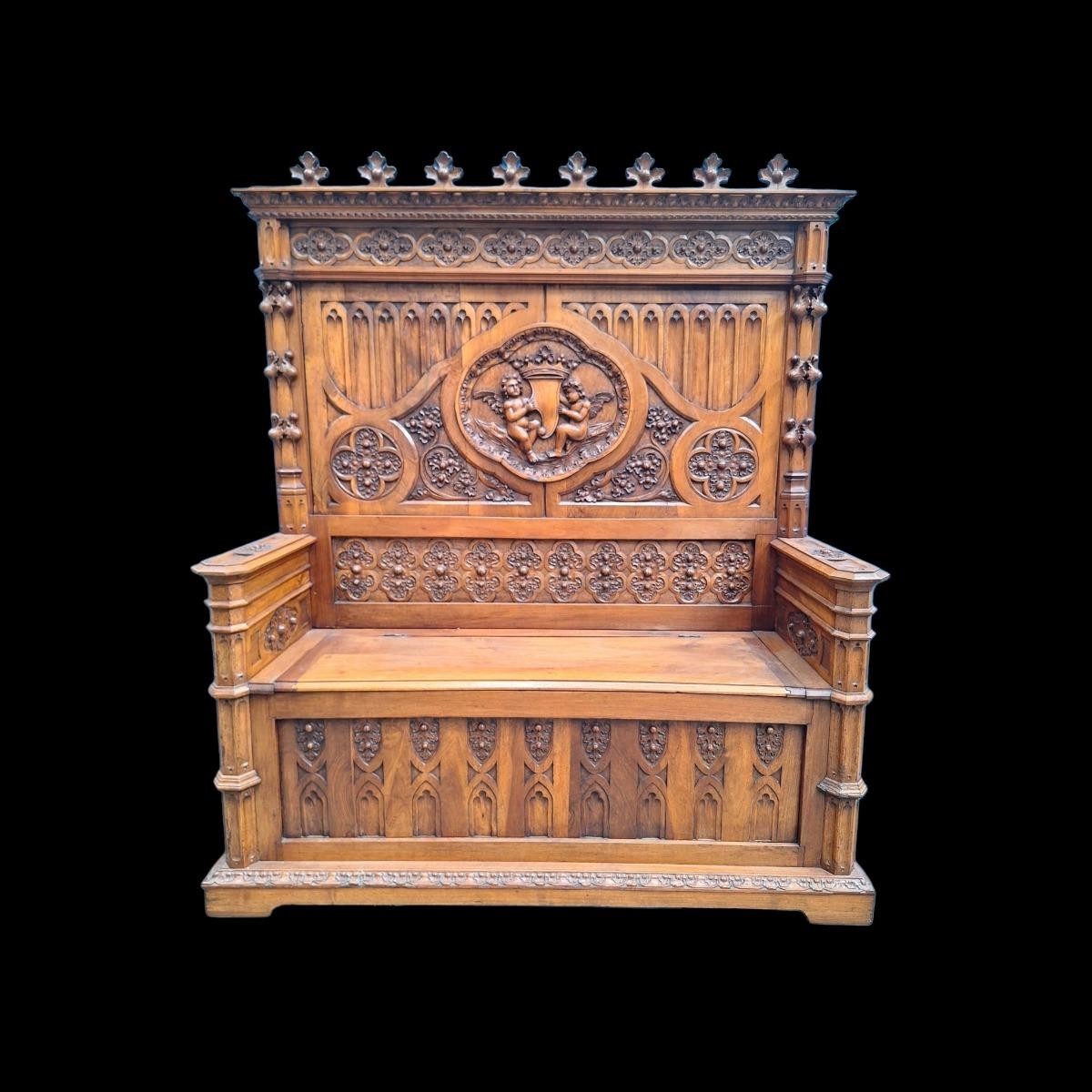 19th century walnut hall bench 