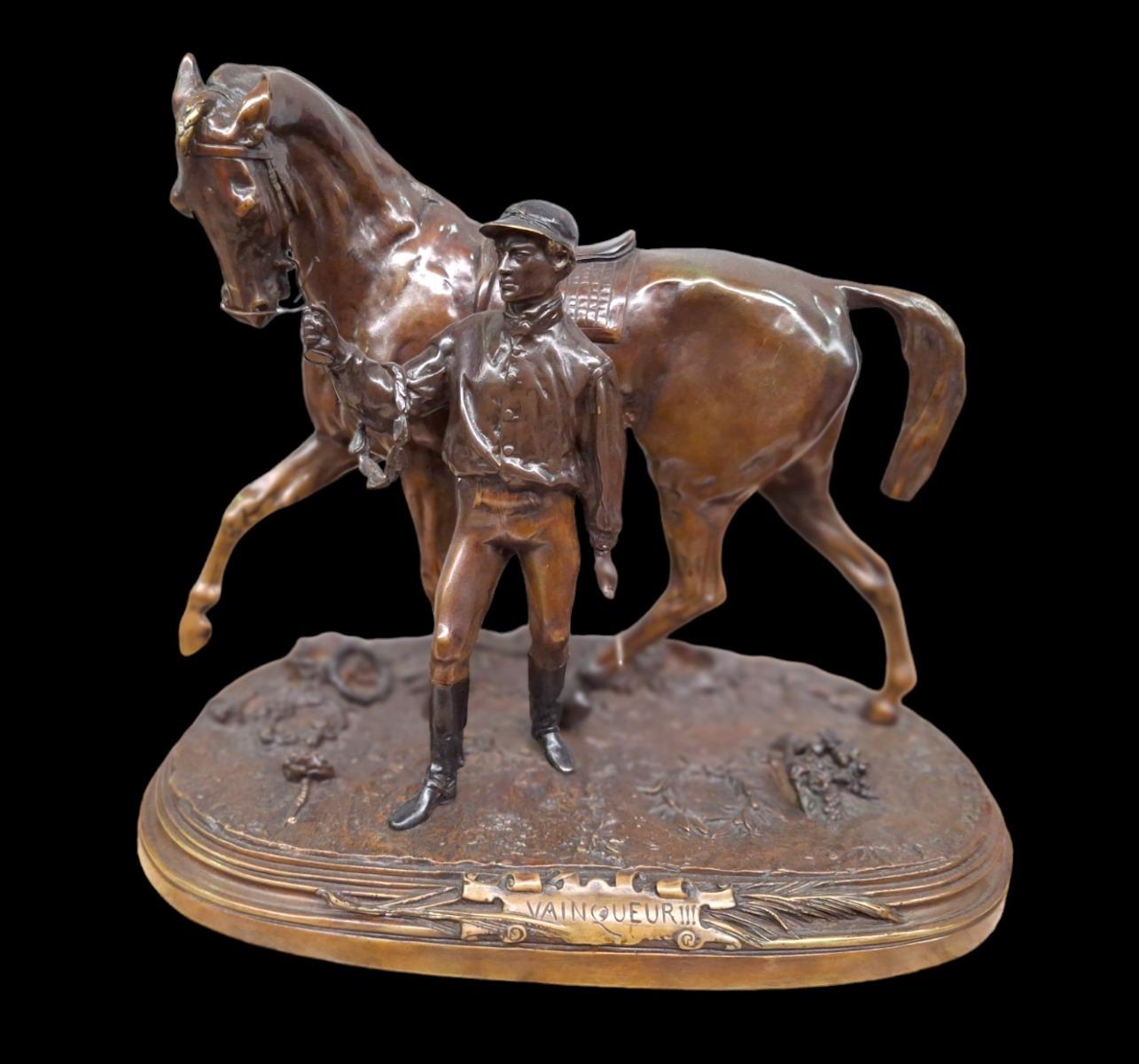 Bronze horse and jockey signed PJ Mene