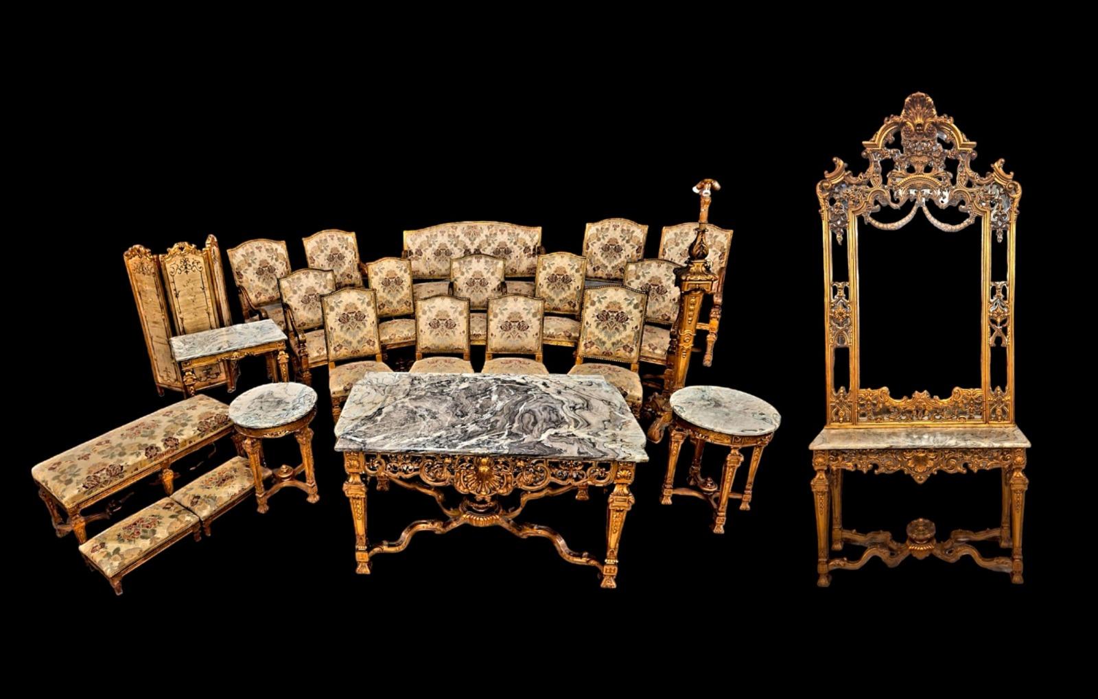 Guilded carved wood salon set in Louis XIV style