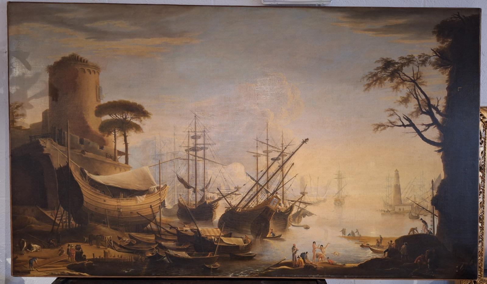 Large and high quality Painting with view on a ship dock