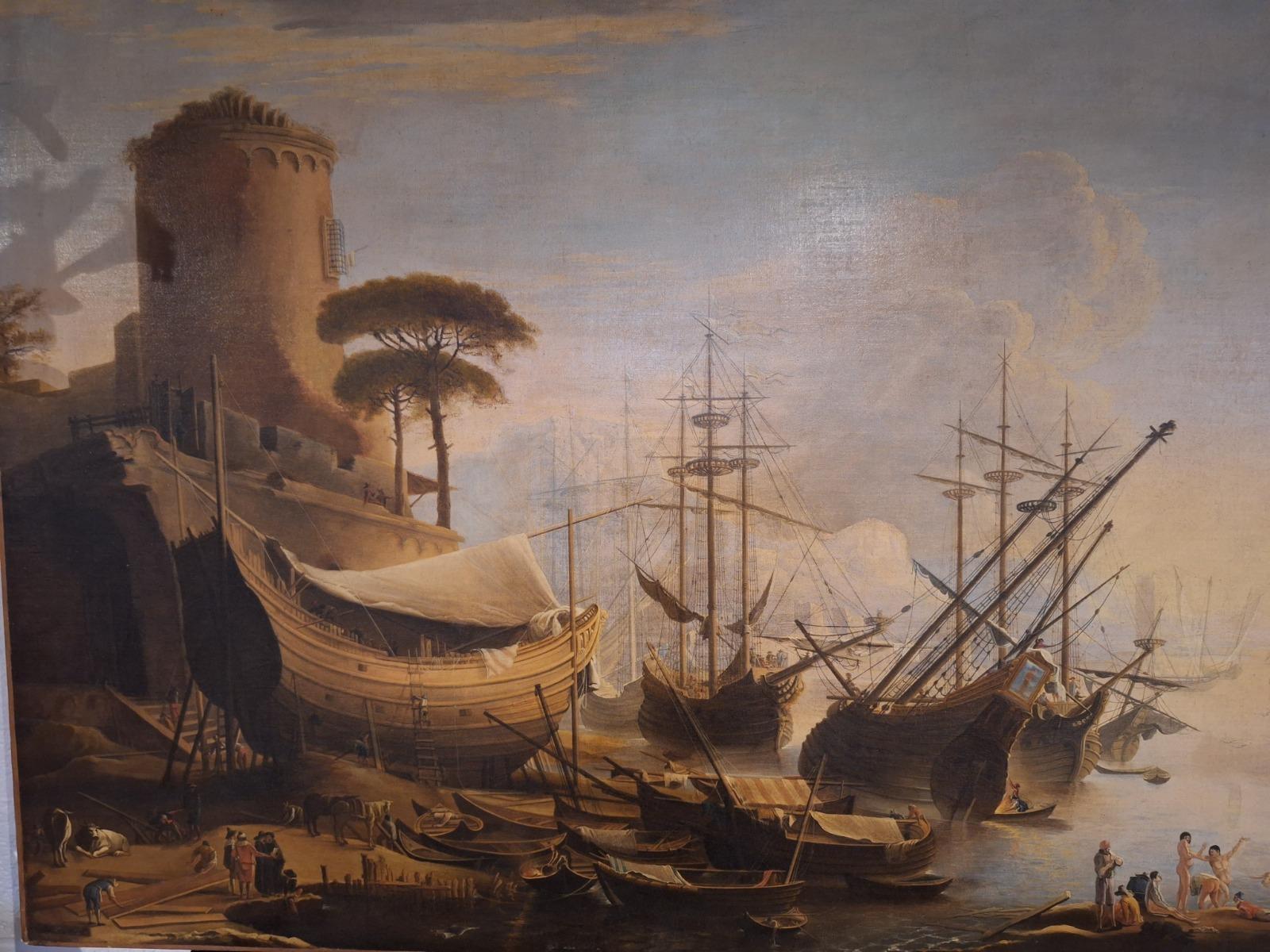 Large and high quality Painting with view on a ship dock