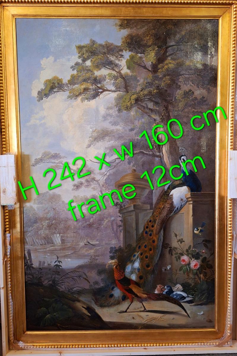 Large and very decorative painting with peacock and birds in a guilded frame from wood with stucco