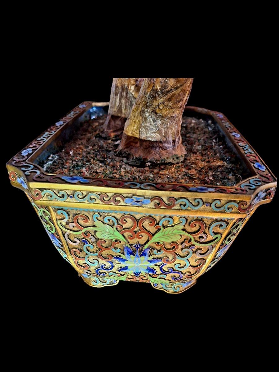 Pair chinese flowerpots in hardstone and cloisonné